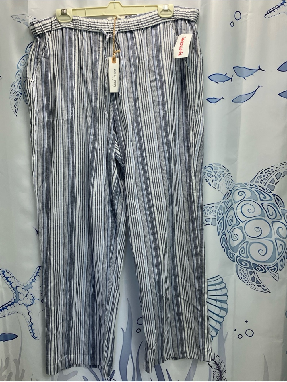 Land 'N Sea Blue White Striped Linen Blend Wide Leg Pants XL Coastal Nautical